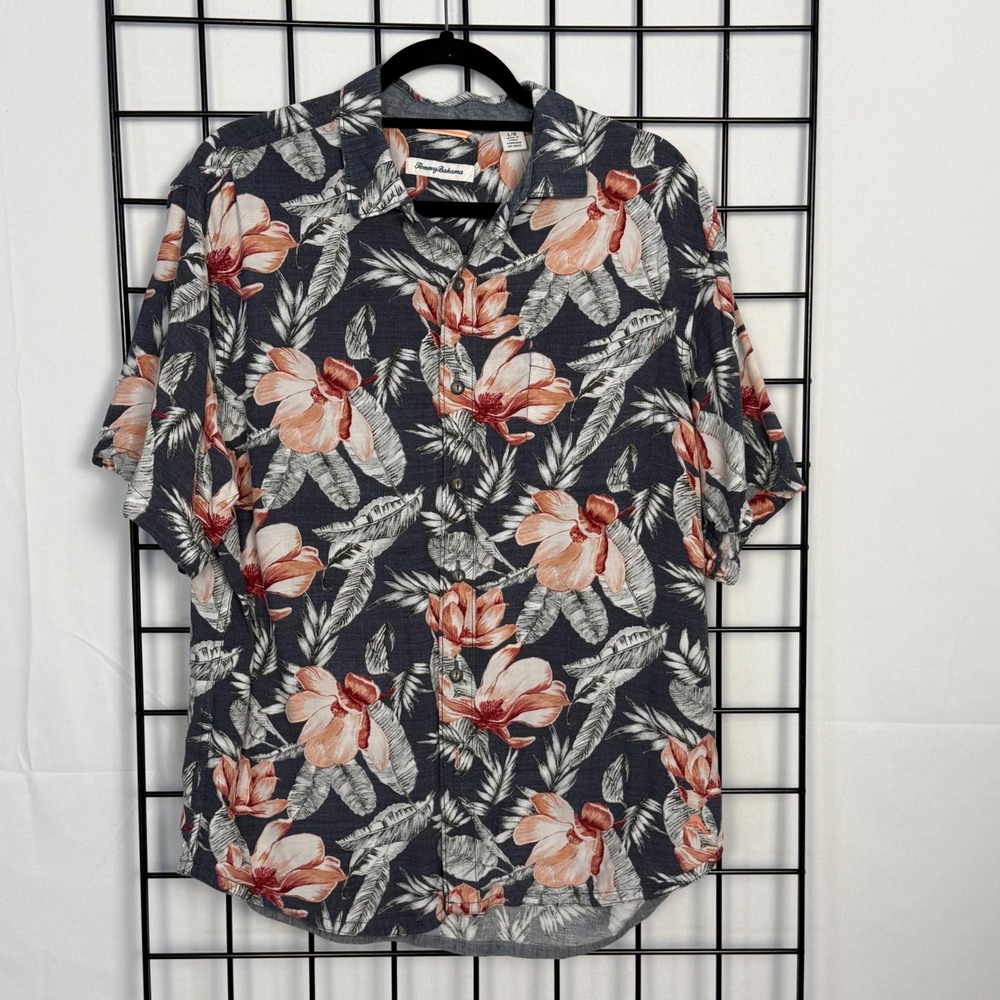 Tommy Bahama Button Down Shirt Mens Large Navy Floral Tropical Resortwear Casual